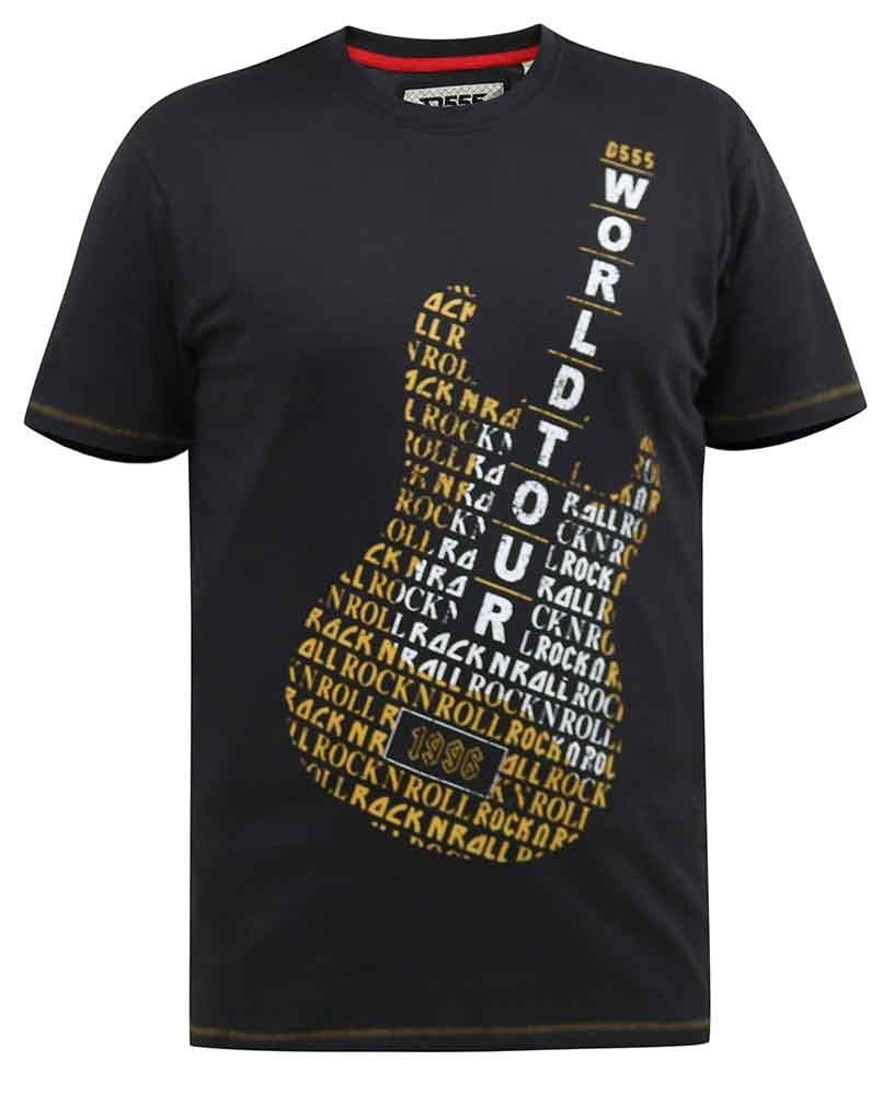 D555 Mens Plus Size Owen 'World Tour Guitar' T-Shirt 4XL Washed Black