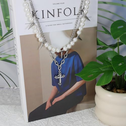 Eigso Pearl Necklace for Women Stainless Steel Silver Necklaces for Woman Gothic Cross Pendant Necklace for Woman Man4