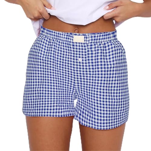 Y2k Boxershorts für Damen | Elastischer Bund Shorts | Frauen Boxershorts Y2K Cute Gingham Sleep Lounge Shorts Karierte Shorts, saphir, S
