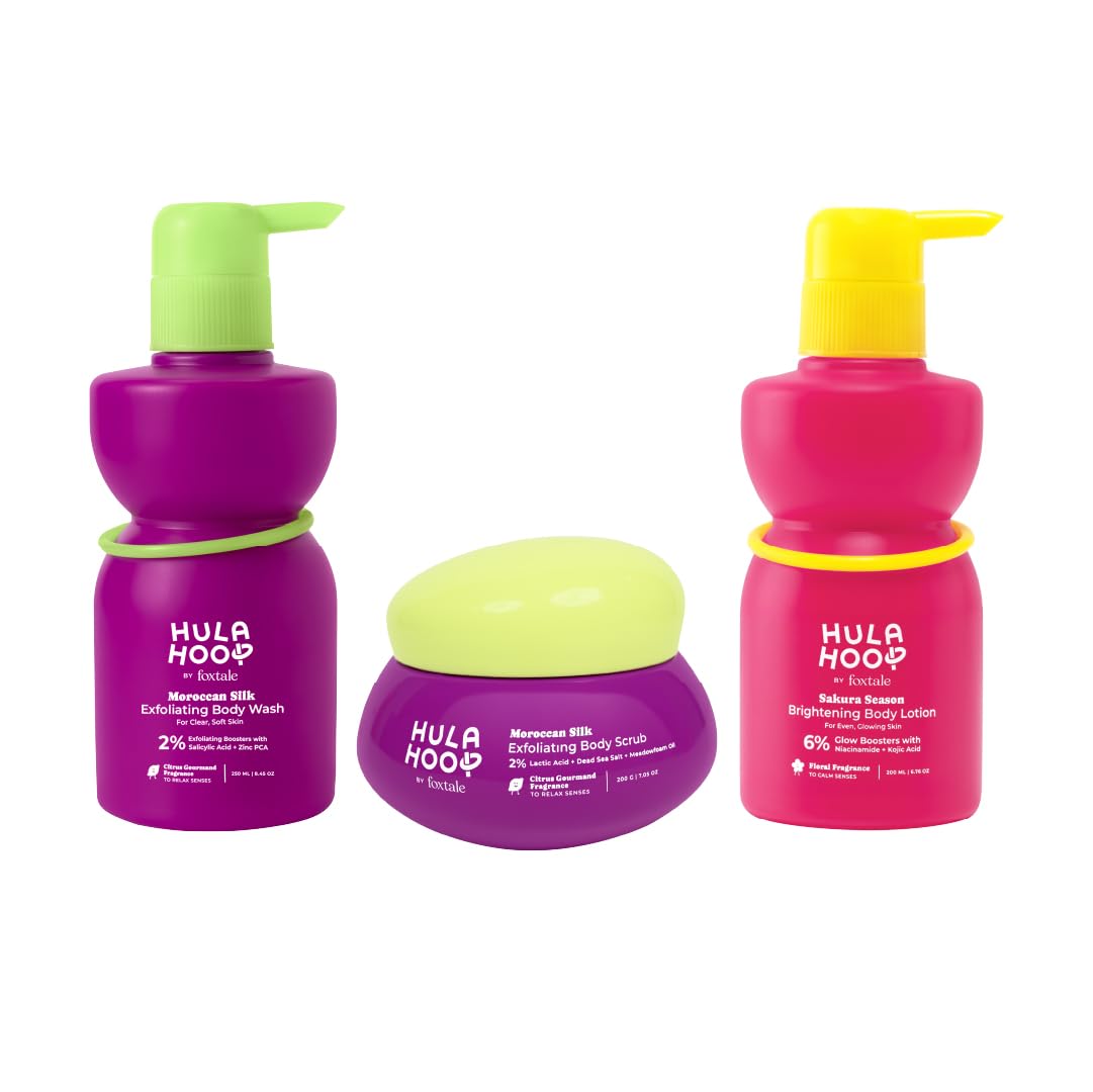 Hula Hoop Exfoliating Body Wash + Exfoliating Body Scrub + Brightening Body Lotion by Foxtale | Body Wash with 2% Salicylic Acid & Zinc PCA| Body Scrub with 2% Lactic Acid, Dead Sea Salt, & Perlite | Body Lotion with Kojic Acid, Niacinamide, & SPF 30 | For Smooth & Glowing Skin-image-23