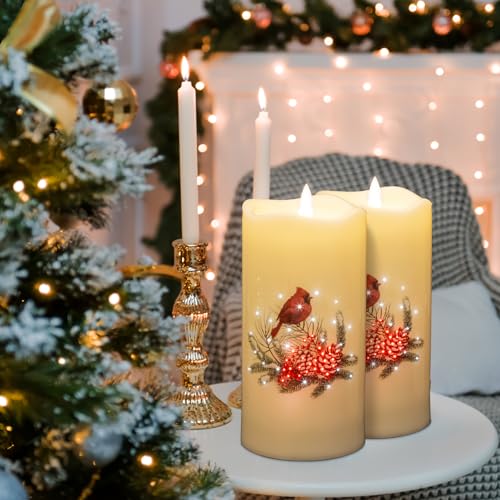 Image of Eywamage Fiber Optic Christmas Flameless Candles with Remote, Flickering LED Battery Pillar Candles Set of 3