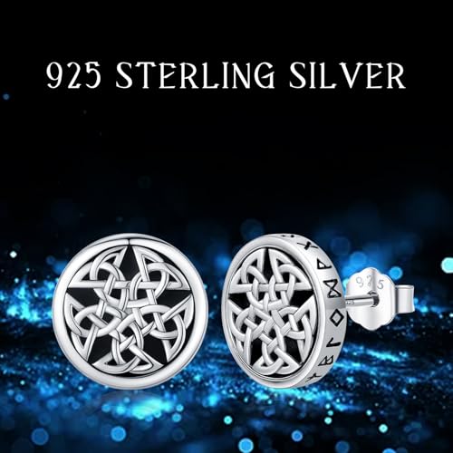 Black Onyx Stud Earrings for Men 925 Sterling Silver Viking Rune Tree of Life/Celtic Knot/Cat/Eye of Horus Earring Nordic Rune Viking Jewelry Gifts for Christmas Birthday Father's Day New Year2