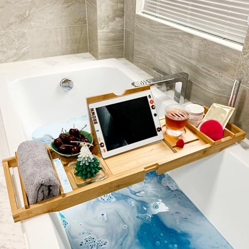 Bandeja extensible de bambú para bañera de madera ajustable de 75 a 109 cm, perfecta para velas, toallas, libros, teléfonos de vino, accesorio ideal para ducha (caja doble: bambú)