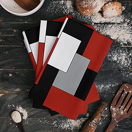 Image of Geo Kitchen Towels,White Grey Black Red Abstract Irregular Geometric 16x28 Inches Soft Kitchen Dish Cloth,Cotton Tea Towels /Bar Towels /Hand Towels,(4 Pack)