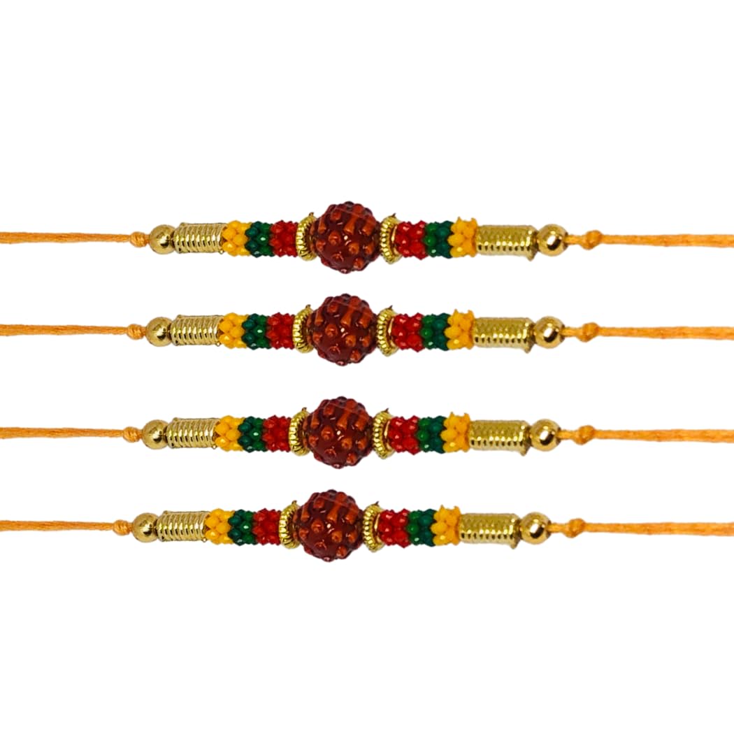 Set of 4 Rakhi Designer Raksha Bandhan Indian Bracelet Rudraksha with Golden and Orange Beads Rakhi Thread, Bracelet Rakhi