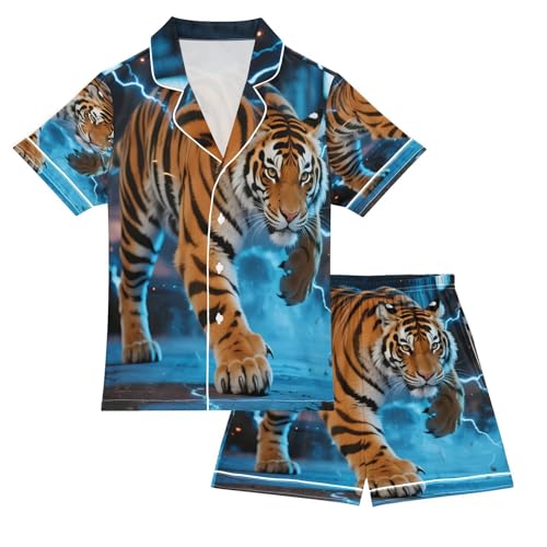 Satin Pajama Sets Short Sleeve Tiger with Blue Stripes Button Down Silky Nightwear 2 Piece PJS 5-14Y