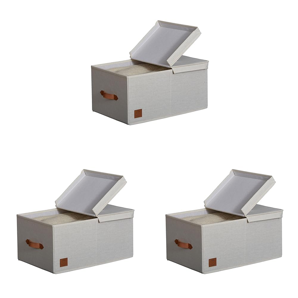 LOVE IT STORE IT Premium Aufbewahrungsbox mit Deckel Stoff - Aus Leinen-Baumwoll-Gemisch - Verstärkt mit Holz - Groß und stabil - Beige - 50x33x24 cm (Packung mit 3)