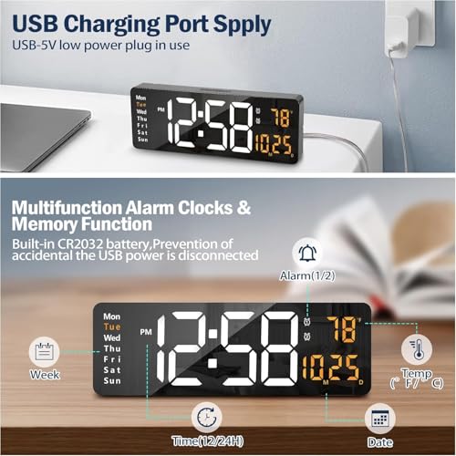 Image of 15-Inch Digital Wall Clock with Large LED Display - Remote Control, Auto-Dimming, Night Light, Date, Day, Temperature, DST Function - Ideal for Living Room, Bedroom (White & Orange)