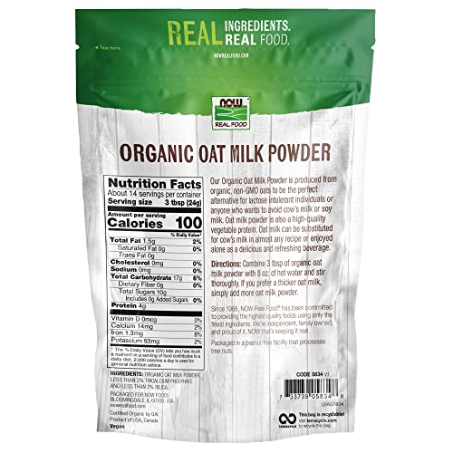 Image of NOW Foods, Organic Oat Milk Powder, Dairy and Soy Free, No Sugar Added, Vegan, NGMO, Gluten Free, 12 Ounce