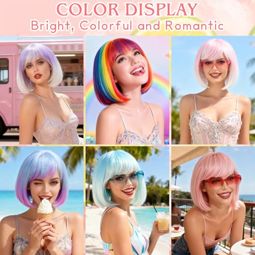 Image of PLULON Pink Bob Wig with Heart Sunglasses for Women Men, Colorful Short Funny Bob Wigs with Bangs Black Hair Cap Colored Cosplay Hairpieces for Christmas Halloween Costume Neon Bachelorette Party
