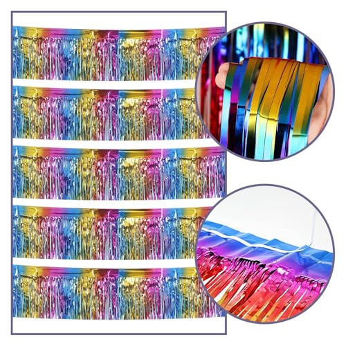 Image of 5 Pack 10 Feet Rainbow Fringe Garland Foil Fringe Garland Colorful Parade Float Fringe Metallic Streamers Tinsel Fringe Banner for Birthday Party Decor Halloween Christmas Decoration (Rainbow)