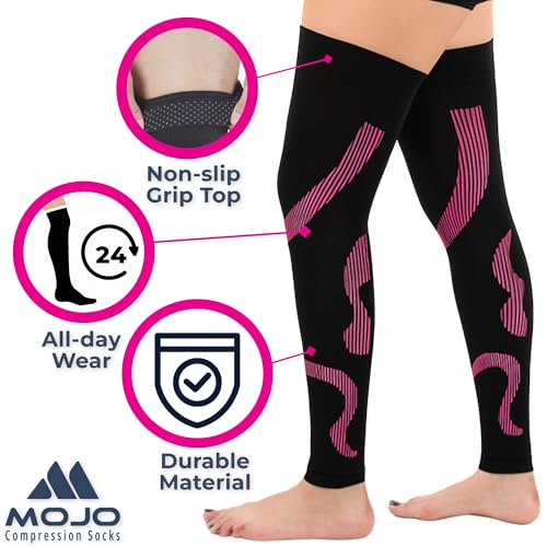 Image of Mojo Compression Socks - 20-30mmHg Graduated Support Thigh-Hi Leg Sleeves with Grip Top - Reduces Swelling, Ideal for Varicose Veins, Lymphedema, DVT Treatment - 1 Pair | Grip top, unisex, supports circulation, varicose veins, swelling, lymphedema, pregnancy, nursing, travel, post surgery, A609