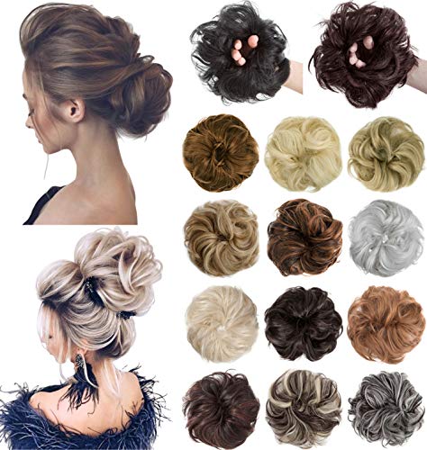 XBwig Messy Bun Hair Piece Extensions Wavy Curly Donut Scrunchie Chignons Synthetic Updo Wig Hairpiece for Women Black&Dark Auburn