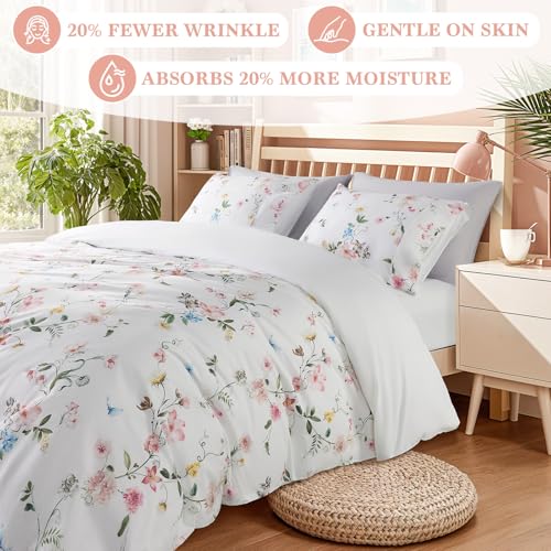 Shilucheng 100% Cotton Floral Duvet Cover Queen Size - 600 Thread Count, Breathable & Cooling Comforter Cover with Zipper Closure,Hotel Bedding Duvet Covers 3 Piece (Jacaranda & Pink)