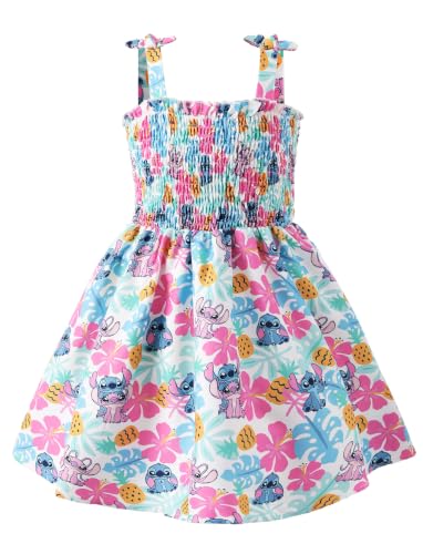 Image of Disney Princess Frozen Elsa Minnie Stitch Toddler Girl Dress Bow Tie Straps Smocked Summer Outfit Birthday Party Clothes 2-9Y