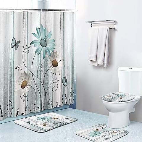 Bribay 4 Piece Shower Curtain Sets, Teal Daisies Vintage Wood with Non-Slip Rugs, Toilet Lid Cover and Bath Mat, for Bathroom Decor Set, 72" x 72" Cover