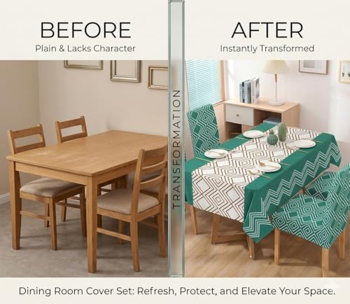 Image of Styleys Dining Chair Cover with Table Covers for Kitchen Waterproof Dining Table Cloth (1 Table Cover + 4 Chair Cover, Green Abstract, K732)