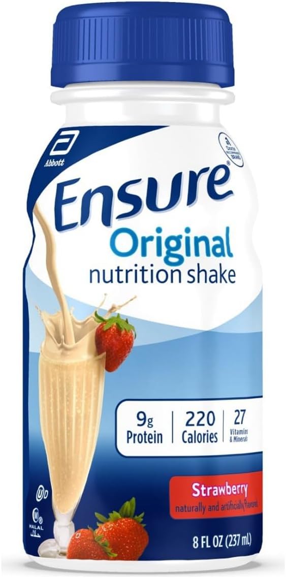 Ensure Original Nutrition Shake, Small Meal Replacement Shake, Complete, Balanced Nutrition with Nutrients to Support Immune System Health, Strawberry, 8 Fl Oz (Pack of 16)