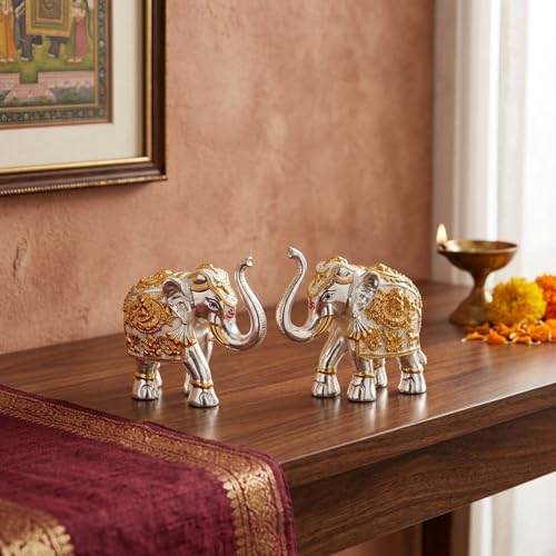 Image of eCraftIndia Silver Golden Set of 2 Elephant Statue Showpiece for Home Decor Office Table | Animal Figurines Good Luck Gift for Housewarming Birthday