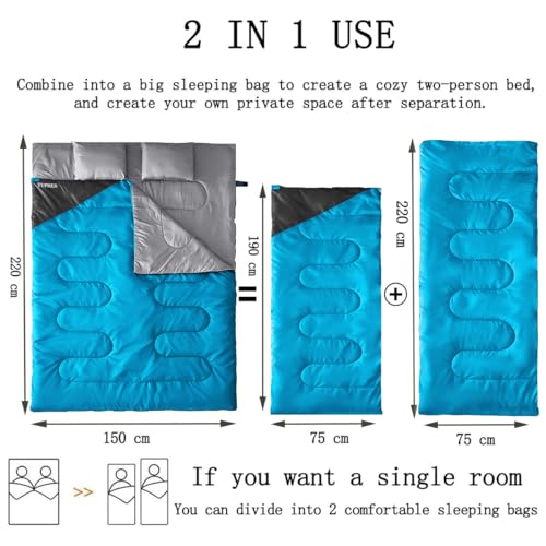 Tuphen Double Sleeping Bag with 2 Pillows, Queen Size XL Bag for 2 People, Cold Warm Weather- 3 Seasons, Waterproof Adults Sleeping Bag for Camping, Backpacking or Hiking