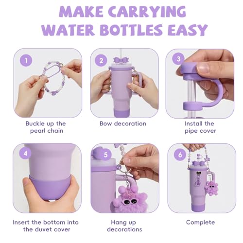 Image of HASTHIP Stanley Cup Accessories Set, 6Pcs Tumbler Cup Accessories with Sweet Bow Beaded Chain Handle, Purple Bow Straw Charm & Tip Cover, Soft Bottom Sleeve (NOT Included Cup)