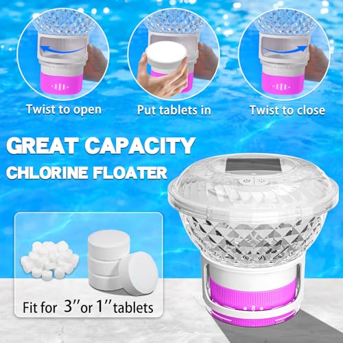 Image of FineBud2025 Upgrade Solar Chlorine Floater, Pool Chlorine Floater with Colorful Light, Button Control Floating Chlorines Dispenser for Pool, Adjustable Flow chlorines floaters (Pink)