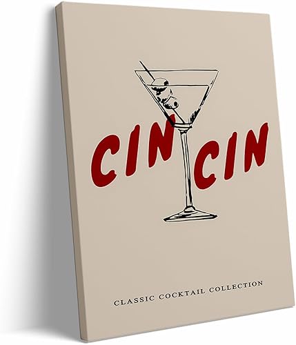 Póster de cóctel de Cin Cin Cin  Arte de pared retro de Martini para decoración de cocina o carrito de bar, elegante obra de arte de alegría para