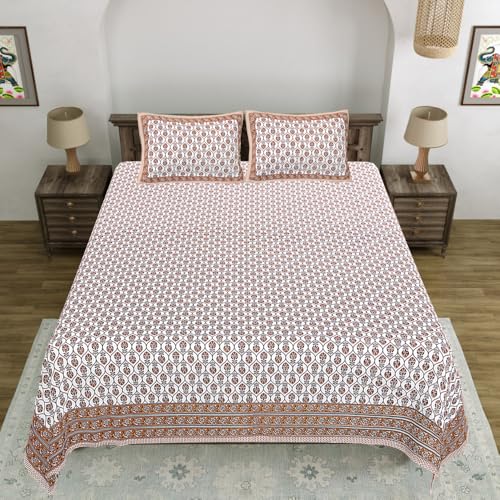 Image of Living Roots Jaipuri Hand Block Print Double Cotton Bedsheet & 2 Pillow Covers, for Mattress Upto 8 inches Thick, No Colour Bleeding, Orange Colour, Super King Size 96 * 104 inches, 150TC (573-B)