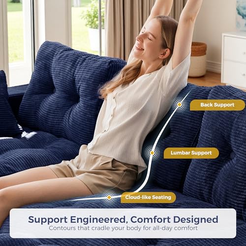 Image of MAXYOYO 96 inch L Shaped Modular Sectional Sofa with Ottoman, Cloud Boneless Couch with Layered Cushion, Upholstered Flexible Module Combination Sofa for Living Room, No Assembly, Navy