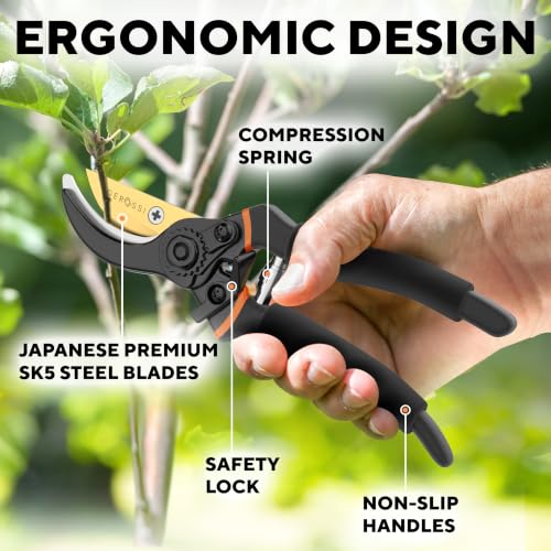 Premium Bypass Pruning Shears for your Garden - Heavy-Duty, Ultra Sharp Pruners w/Soft Cushion Grip Handle Made with Japanese Grade High Carbon Steel - Perfectly Cutting Through Anything in Your Yard