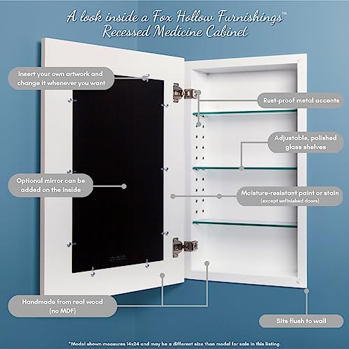 Image of 14x18 Concealed Picture Frame Medicine Cabinet without Mirror for Bathroom, Recessed in the Wall, Made in North America, Real Wood, NO MDF, Adjustable Shelves, Hidden, Dark Gray