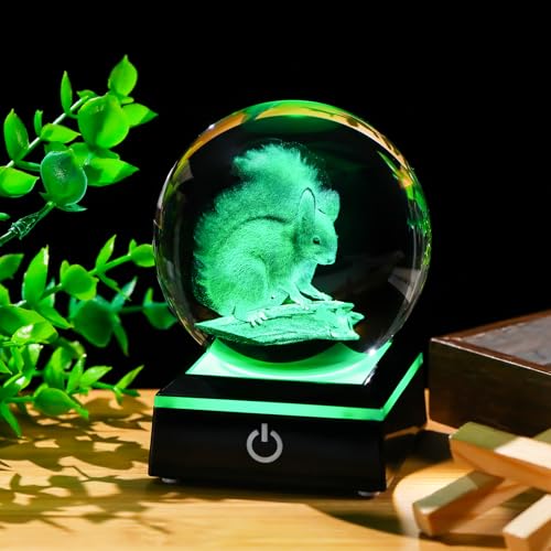 Image of Arikyrist 3D Squirrel Figurine Crystal Ball with Colorful Light Base, Laser Engraved Squirrel Gifts for Women Men on Christmas Birthday, Squirrel Ornament Glass Decorative Ball for Home Decor (80mm)