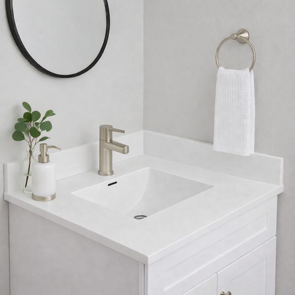 25"/31"/37" Solid Surface Polyurethane Resin Streamline Vanity Top With Sink, Durable, Consistent Color, Easy-to-Clean, Built-in Overflow (25"W x 22"D)