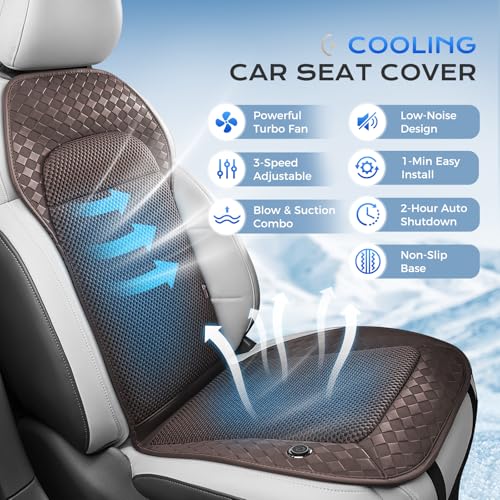 Image of Coverado Summer Ventilated Car Seat Cushion, Cooling Pad with 12V-24V Dual Blowing & Suction, 8 Turbo Fans, 3-Speed Adjustable, Universal Fit for Cars, SUVs, Trucks & Vans - Brown