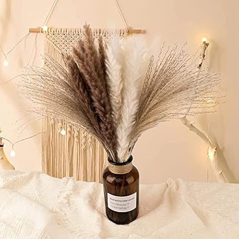 65Pcs Natural Dried Pampas Grass Boho Home Decor Wedding Decorations Flower Arrangements Home Dried Flowers Arrangements White & Natural Pampas Grass, Reed, Bunny Tails (58CM/22.8inch) Cover