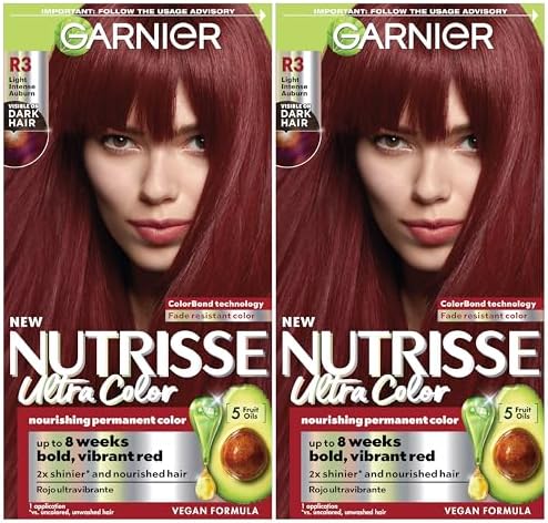 Garnier Hair Color Nutrisse Ultra Color Nourishing Creme, R3 Light Intense Auburn (Red Hibiscus) Permanent Hair Dye, 2 Count (Packaging May Vary)