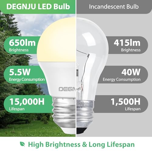 Image of DEGNJU LED Refrigerator Light Bulb, 40 Watt Equivalent, 120V, Fridge Light Bulb 2700K Soft White, A15 Appliance Bulb 5.5W for Freezer, 650LM, E26 Standard Base, 120V, Non-Dimmable, 2 Pack