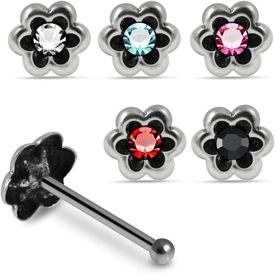 Crystal Stone Oxidized Flower 22 Gauge 925 Sterling Silver Ball End Nose Pin - Nose Stud - Tiny Nose Ring - Nose Piercing Body Jewelry
