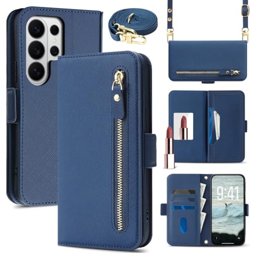 Étui portefeuille en cuir pour Samsung Galaxy S26 Ultra bleu avec finitions zip