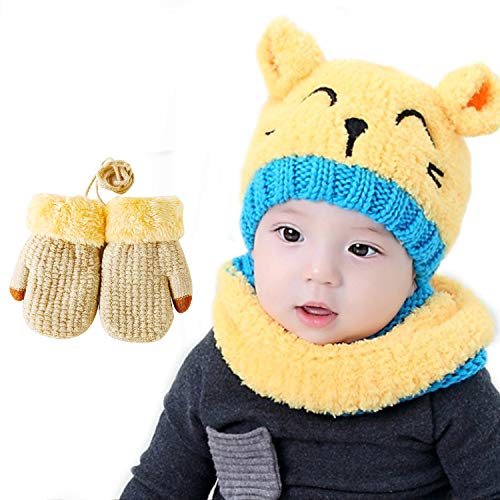 Bearbro Baby Boys Kids Girls Winter Scarf Hat and Gloves, Knitted Hat Scarf Set Neckerchief Warm Winter Crochet Hat Set 1-4 Years Yellow