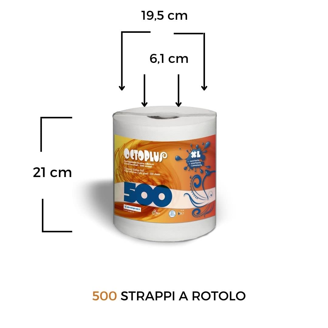 ZPAPER - 6 Monorotoli OCTOPLUS - Rotoli Bobine Asciugatutto 500 strappi con Maniglia carta 100% Pura Cellulosa Bobine 2 Veli. Scatolati