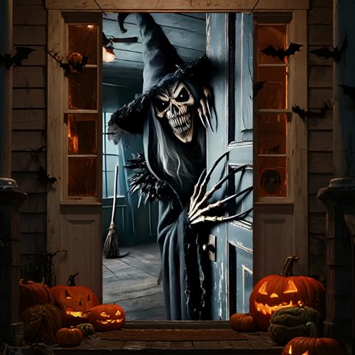 ILMFMY Banner para porta de Halloween, 180 x 90 cm, design de bruxa assustador com aspeto de esqueleto, resistente às intempéries, decoração de porta de poliéster, faixa de Halloween para
