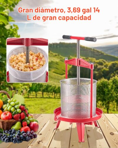 Miniatura 2 de Vevor Prensa De Vino De Frutas 14 L Cesta De Acero Inoxidable Con Estructura Triangular Y Travesaño Exprimidor Manual Prensa Para Tintura De Sidra, Manzana Y Uva Con Mango En T Para Cocina, Hogar