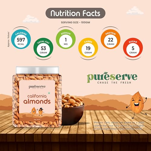 Image of Pureserve Natural California Almonds 1Kg - Whole Badam Giri | High in Protein, Fiber & Essential Nutrients | Boosts Immunity & Energy | 100% Natural, Gluten-Free Superfood | Jar Pack OF 1