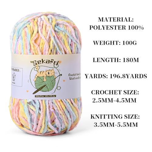 Image of Fuzzy Chenille Yarn for Crocheting, Fluffy Amigurumi Crochet Yarn for DIY Craft /Hat /Shoes, (100g /197yds) Soft Velvet Baby Blanket Yarns(Macaron)