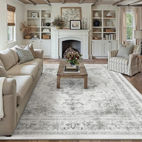 Washable Rug 8x10 Area Rug for Living Room Gray Vintage Boho Medallion Large Grey Distressed Retro Carpet Non Slip Indoor Low Pile Small Soft Bedroom Dining Room Home Office