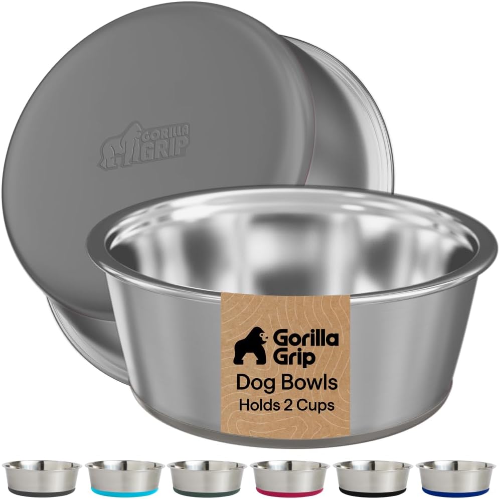 GORILLA GRIP Dog Bowls, Food Grade 304 Stainless Steel, Holds 2 Cups Each (16 fl oz) Food and Water Bowl for Feeding Dogs and Cats, Dishwasher Safe, Rust Resistant, BPA Free...