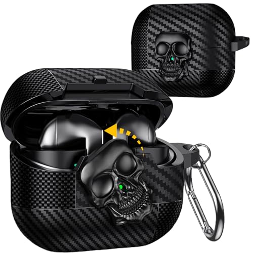 Fofvccv for Samsung Galaxy Buds 3 FE/Buds 3 Pro/Buds 3 Case Cover Skull with Lock & Keychain for Men, Funny Carbon Fiber Shockproof Hard Shell Skeleton Cover for Galaxy Buds 3 Pro - KLT Black