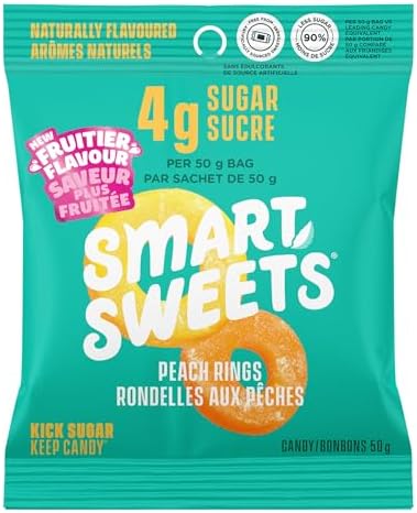 SmartSweets Peach Rings, Candy with Low Sugar (3g), Low Calorie, Plant-Based, Free From Sugar Alcohols, No Artificial Colours or Sweeteners, Pack of 12, New Juicy Recipe