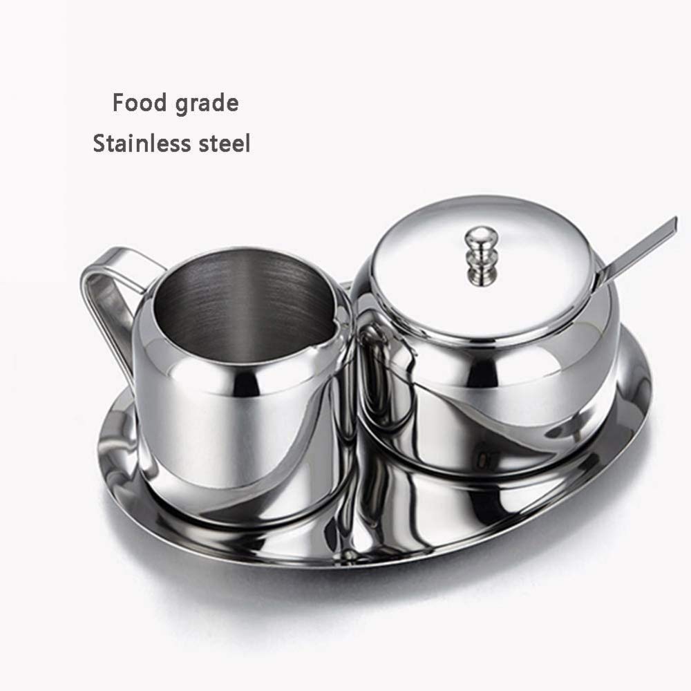 Azucarero de acero inoxidable con juego de leche y azúcar, tarro de azúcar pequeño con cuchara para el hogar, la cocina, el hotel y las cafeterías, 3 partes, plateado